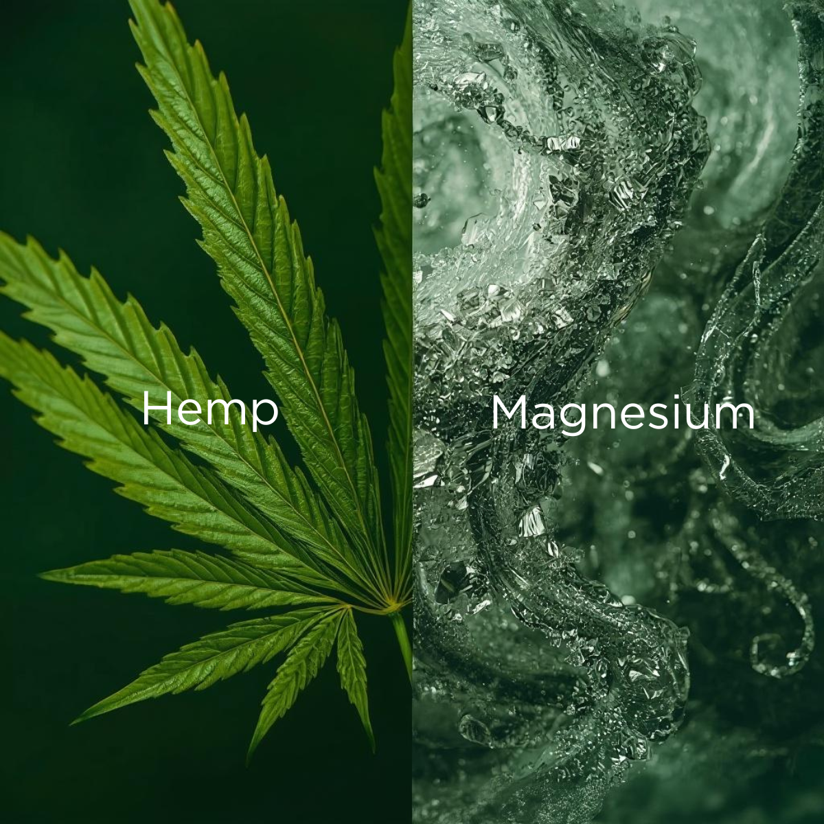 Split image showing hemp leaf and magnesium texture, highlighting key ingredients in Flowerside Magic Salve.